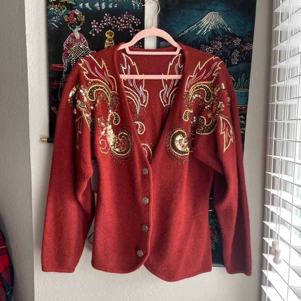 Vintage 80s Sequin Beaded Cardigan w/ Gold Accent Buttons Size S/M